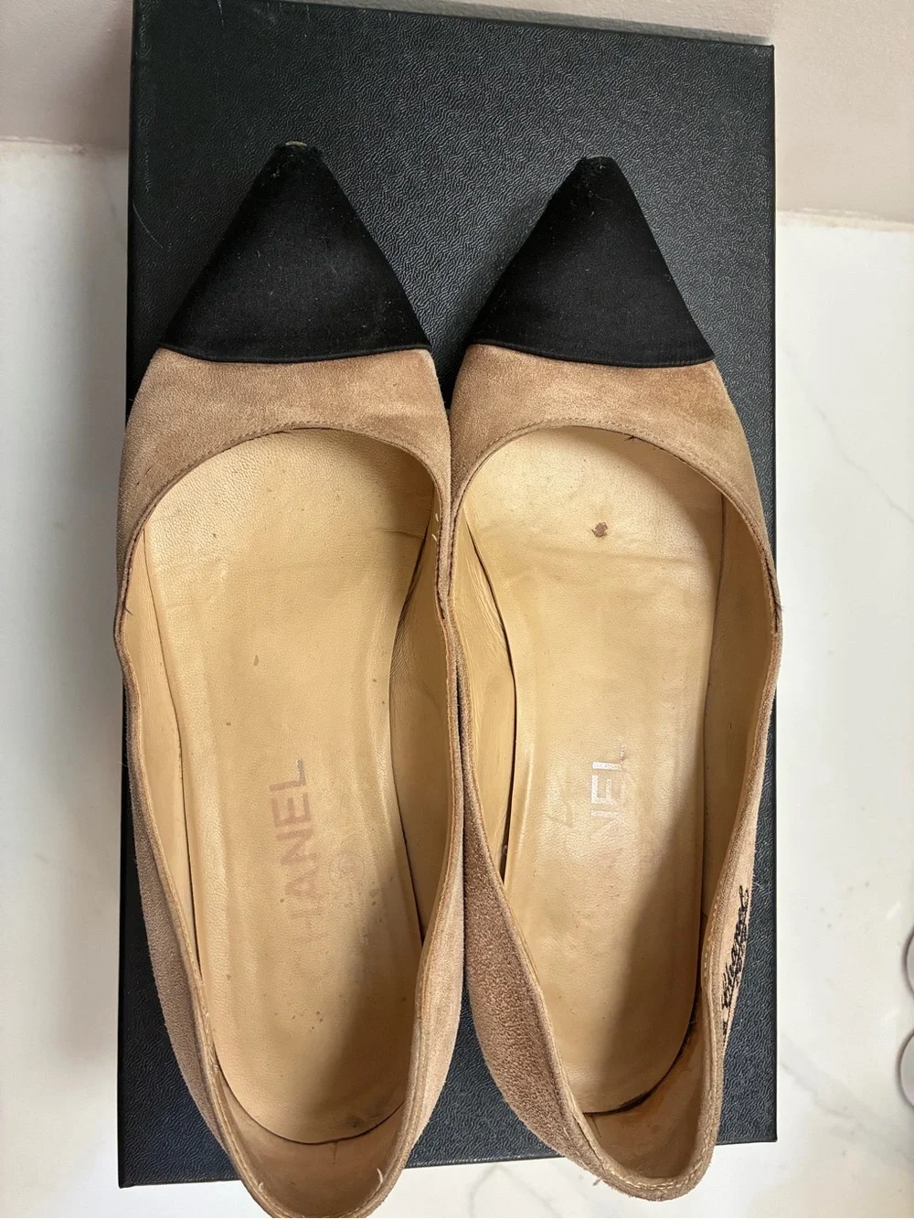Chanel Classic Two-Tone Suede with Satin Cap-Toe Ballet Flats in Beige and Black